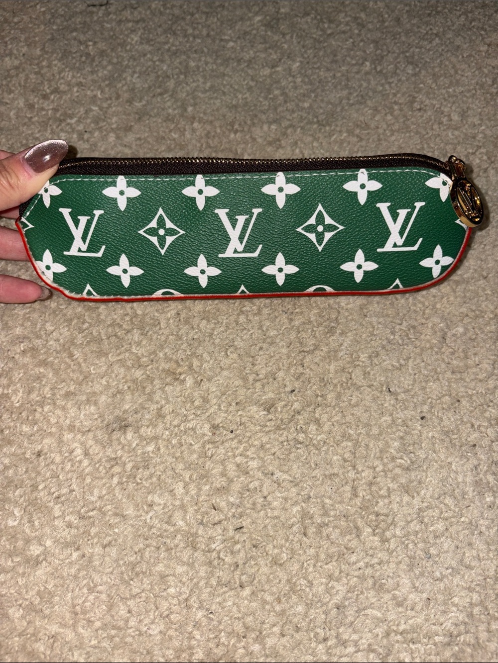 Inspired Green & White Monogram Zip Pencil Case with Red Trim